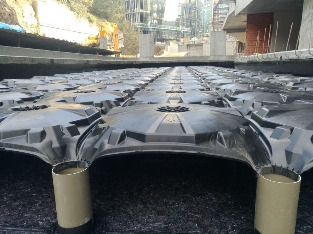 Close view of ABS void formwork modules and support components on a ramp project