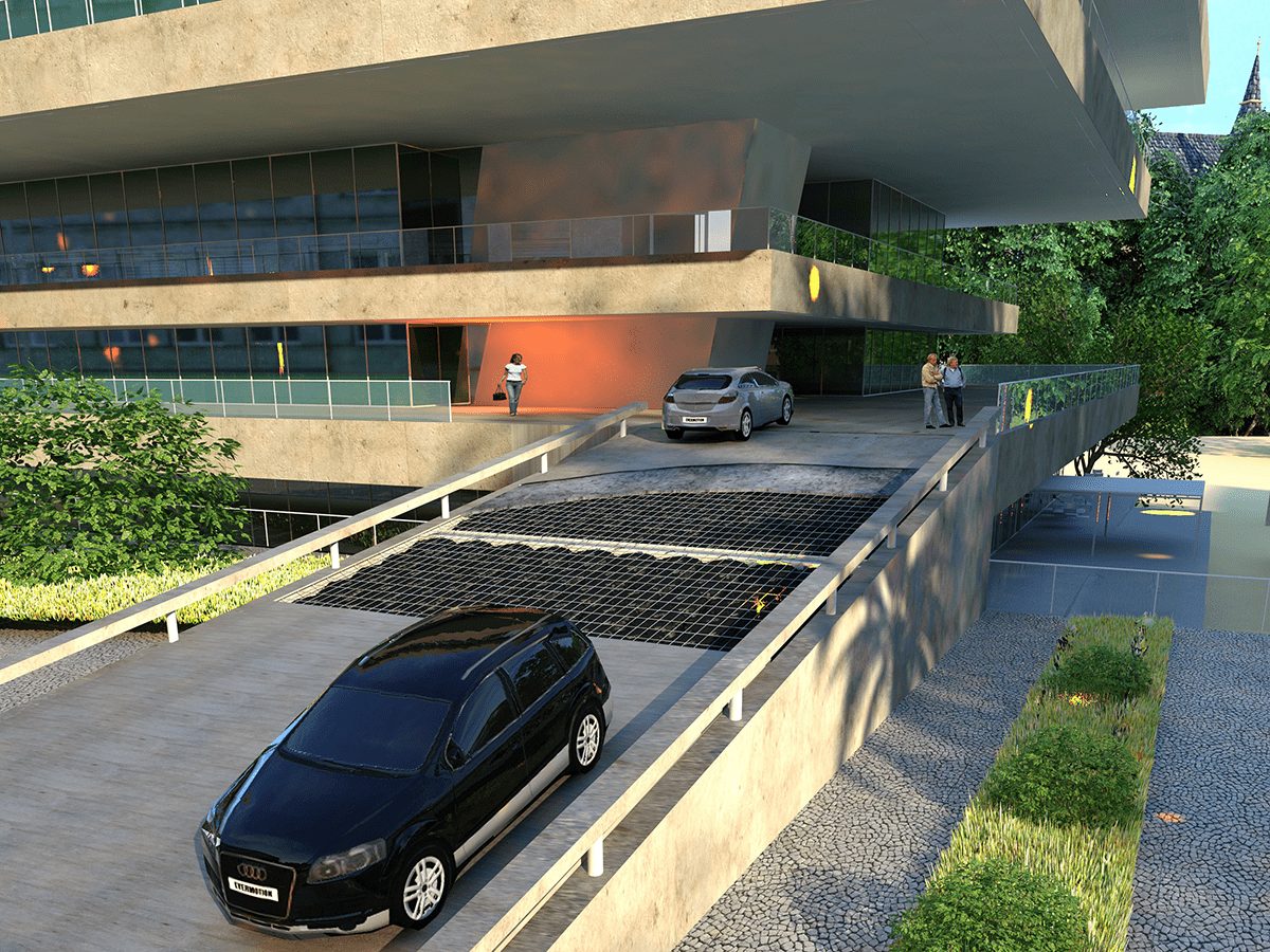 Architectural project rendering showing a completed car park ramp